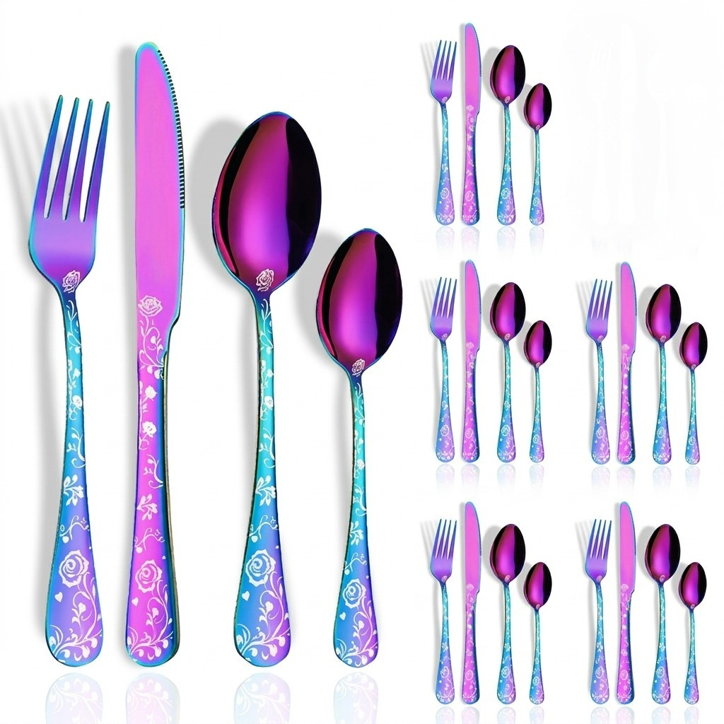 24-piece Cutlery Set with Embossed Floral Handle - Cutlery Set - Multicoloured - Oaksoho