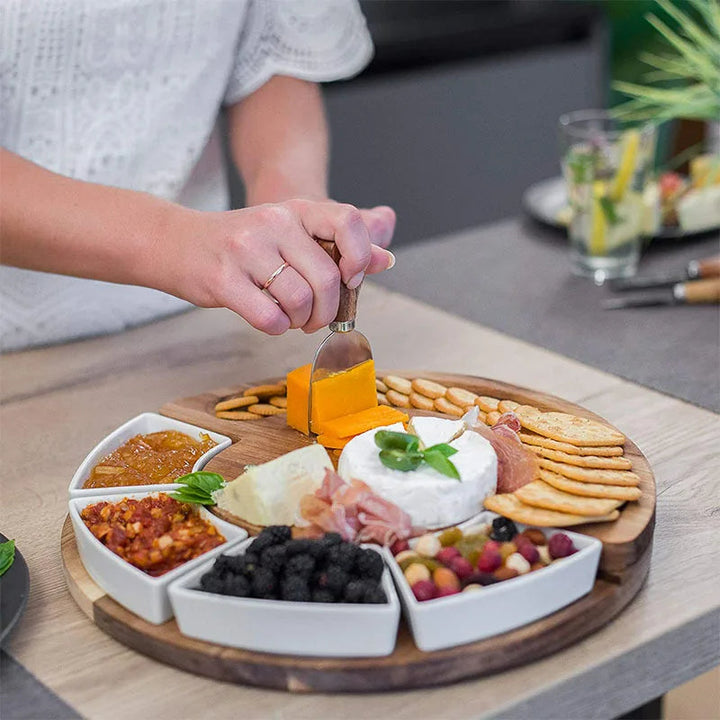Wooden Cheese Board Set with Integrated Bowls and Cutlery
