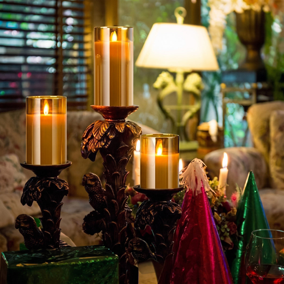 3pcs LED Pillar Candles with Glass Holders - Flameless Candles - Amber - Oaksoho