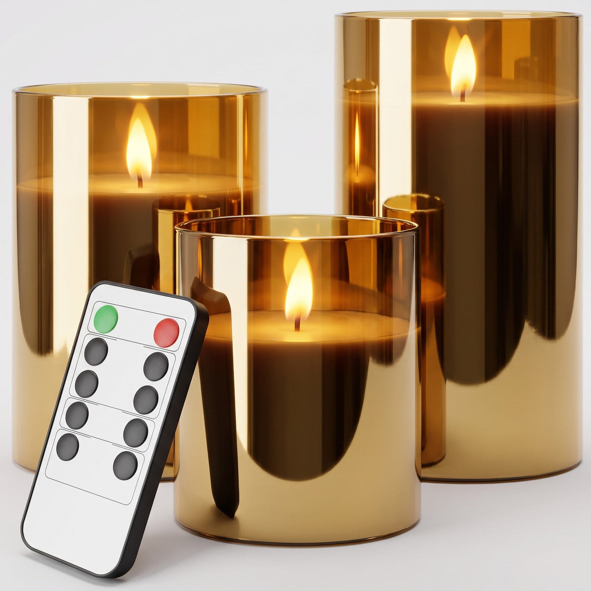 3pcs LED Pillar Candles with Glass Holders - Flameless Candles - Amber - Oaksoho