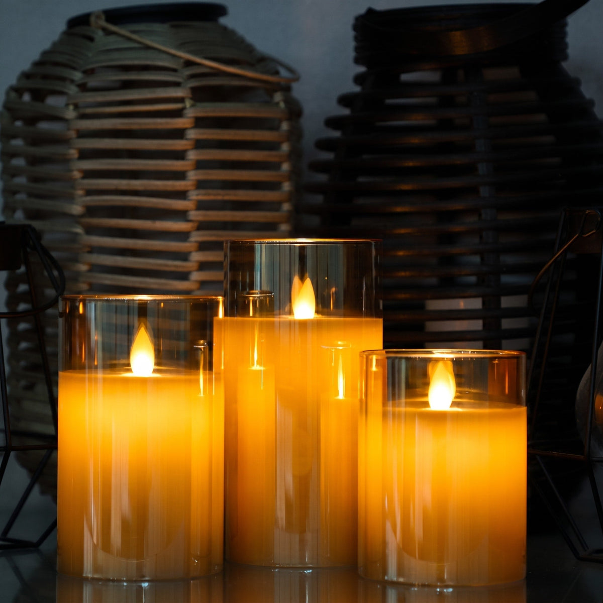 3pcs LED Pillar Candles with Glass Holders - Flameless Candles - Amber - Oaksoho