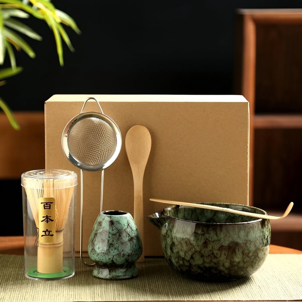 6-Piece Japanese Matcha Tea Set with Ceramic Bowl - Matcha-Set - Green - Oaksoho