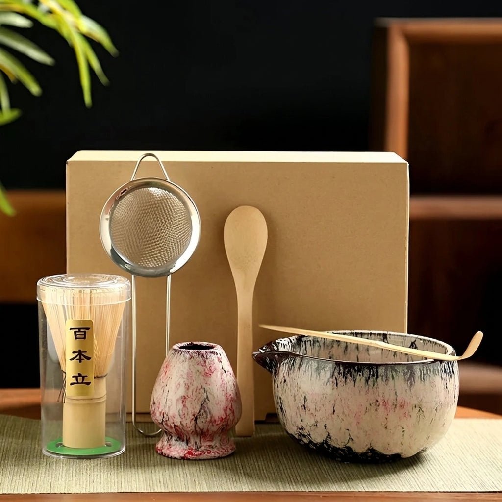 6-Piece Japanese Matcha Tea Set with Ceramic Bowl - Matcha-Set - Pink - Oaksoho