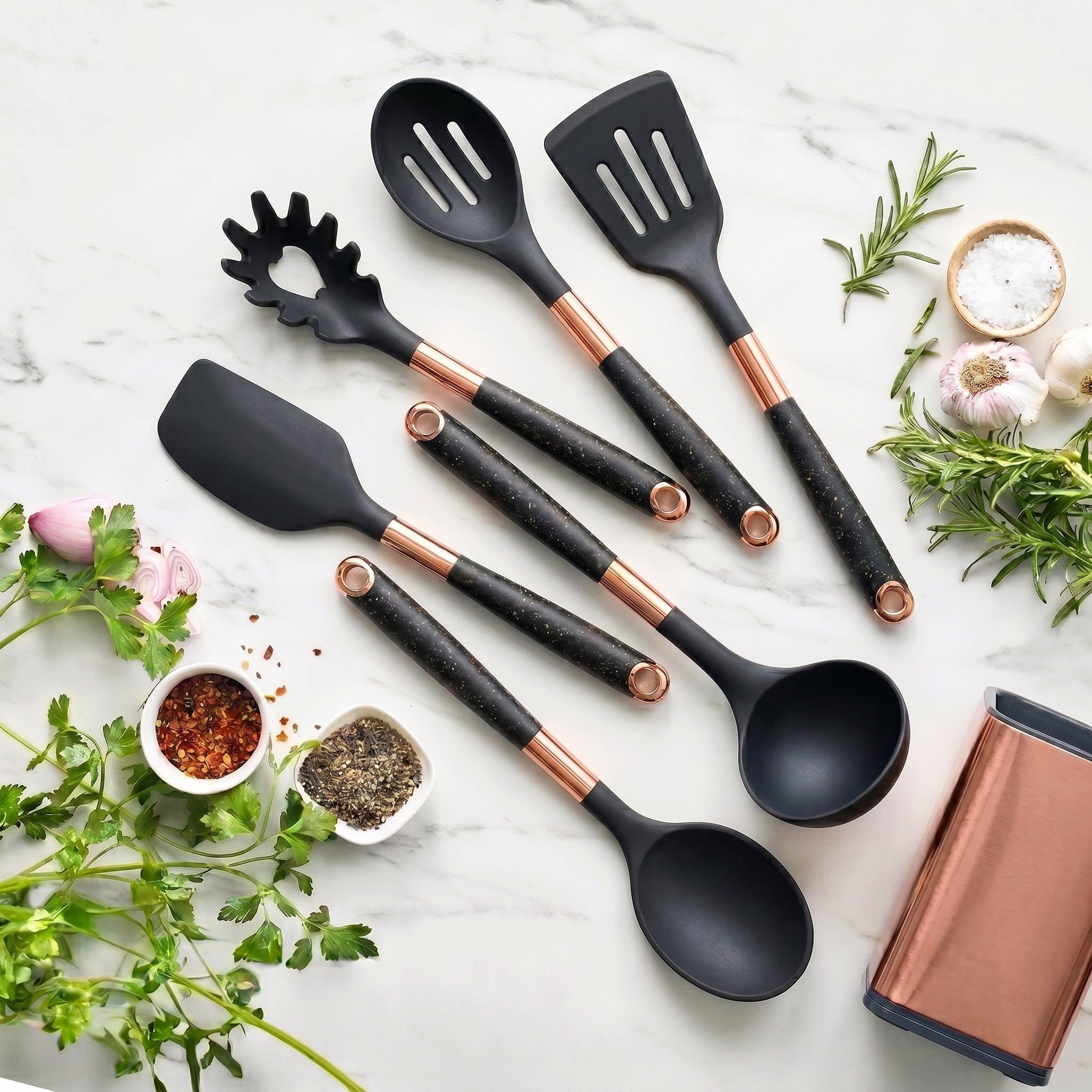 7-Piece Non-Stick Kitchen Utensil Set with Storage Holder - Utencils Sets - Black - Oaksoho