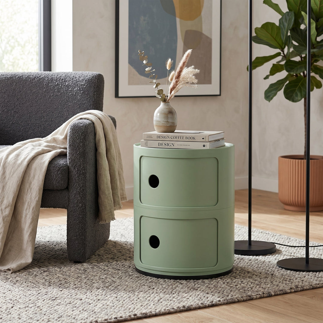 Cylindrical Nightstand with Rotating Doors and Compartments