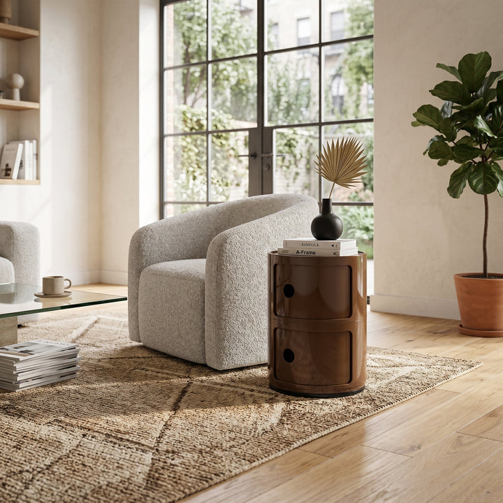 Cylindrical Nightstand with Rotating Doors and Compartments