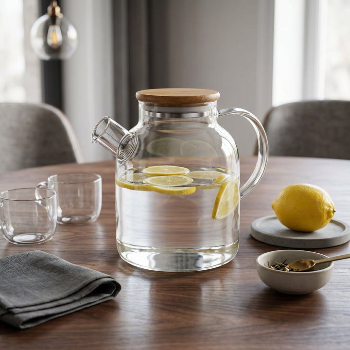 Glass Teapot with Wooden Lid and Side Handle