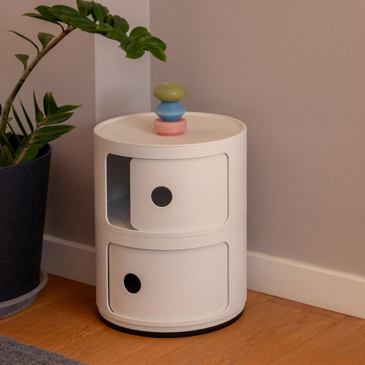 Cylindrical Nightstand with Rotating Doors and Compartments