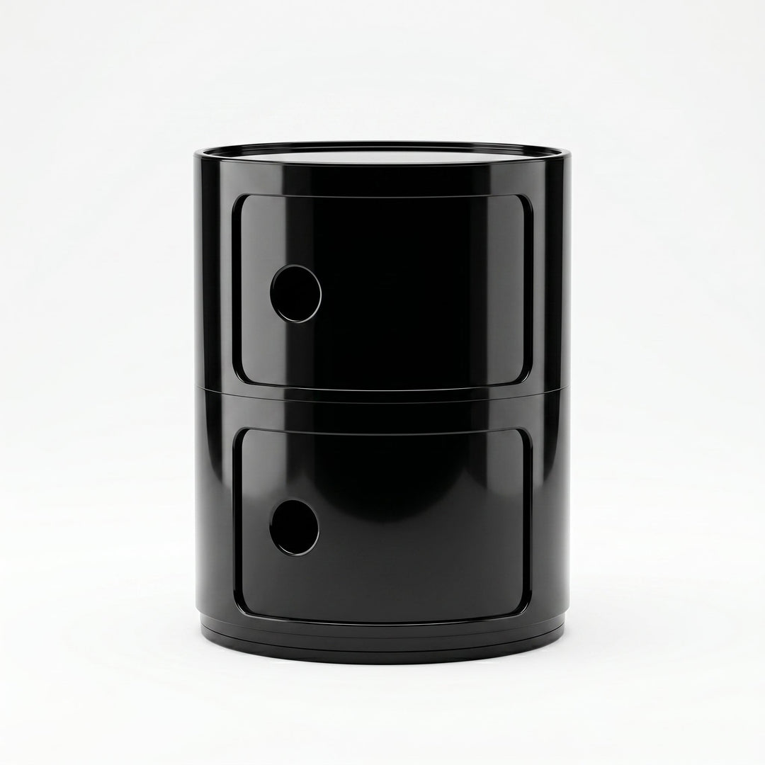 Cylindrical Nightstand with Rotating Doors and Compartments