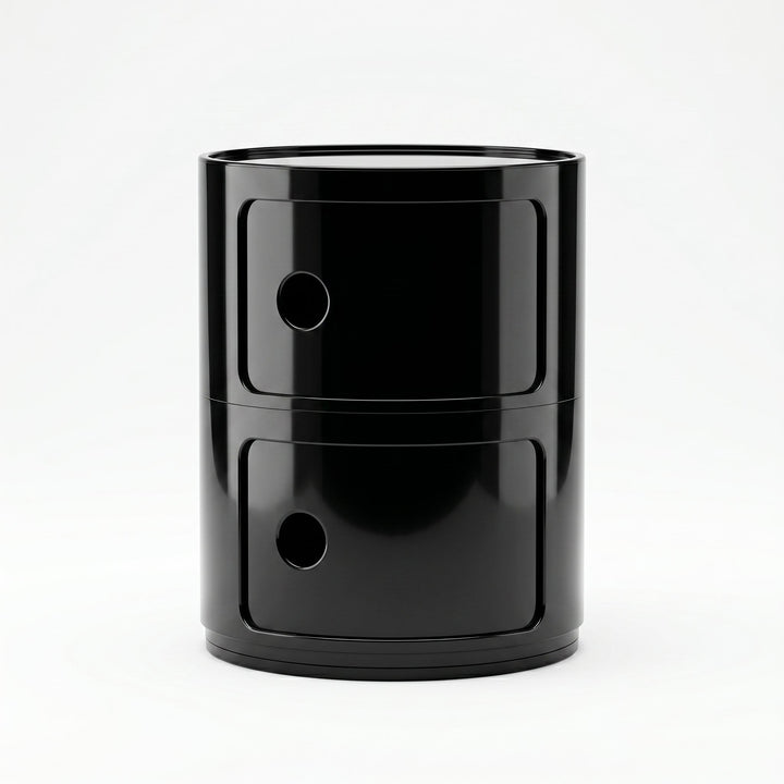 Cylindrical Nightstand with Rotating Doors and Compartments