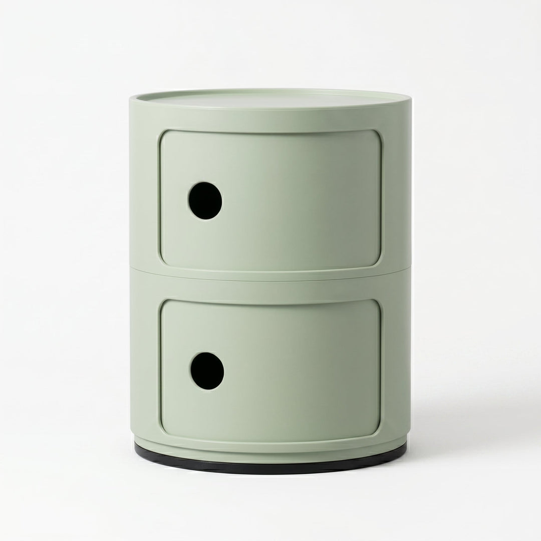 Cylindrical Nightstand with Rotating Doors and Compartments