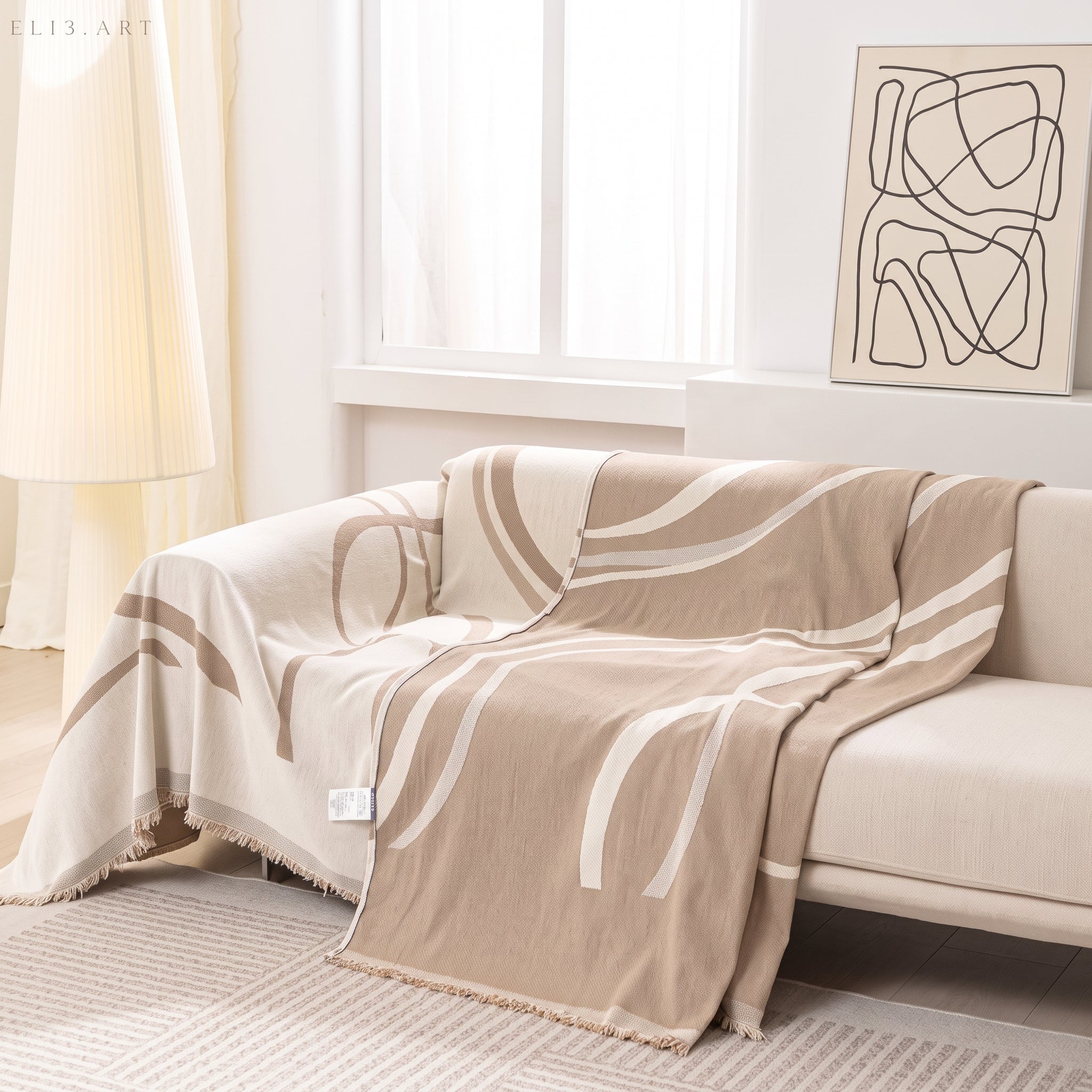 Abstract Wave Stripe Fringe Sofa Throw - Sofa Cover - Khaki - Oaksoho