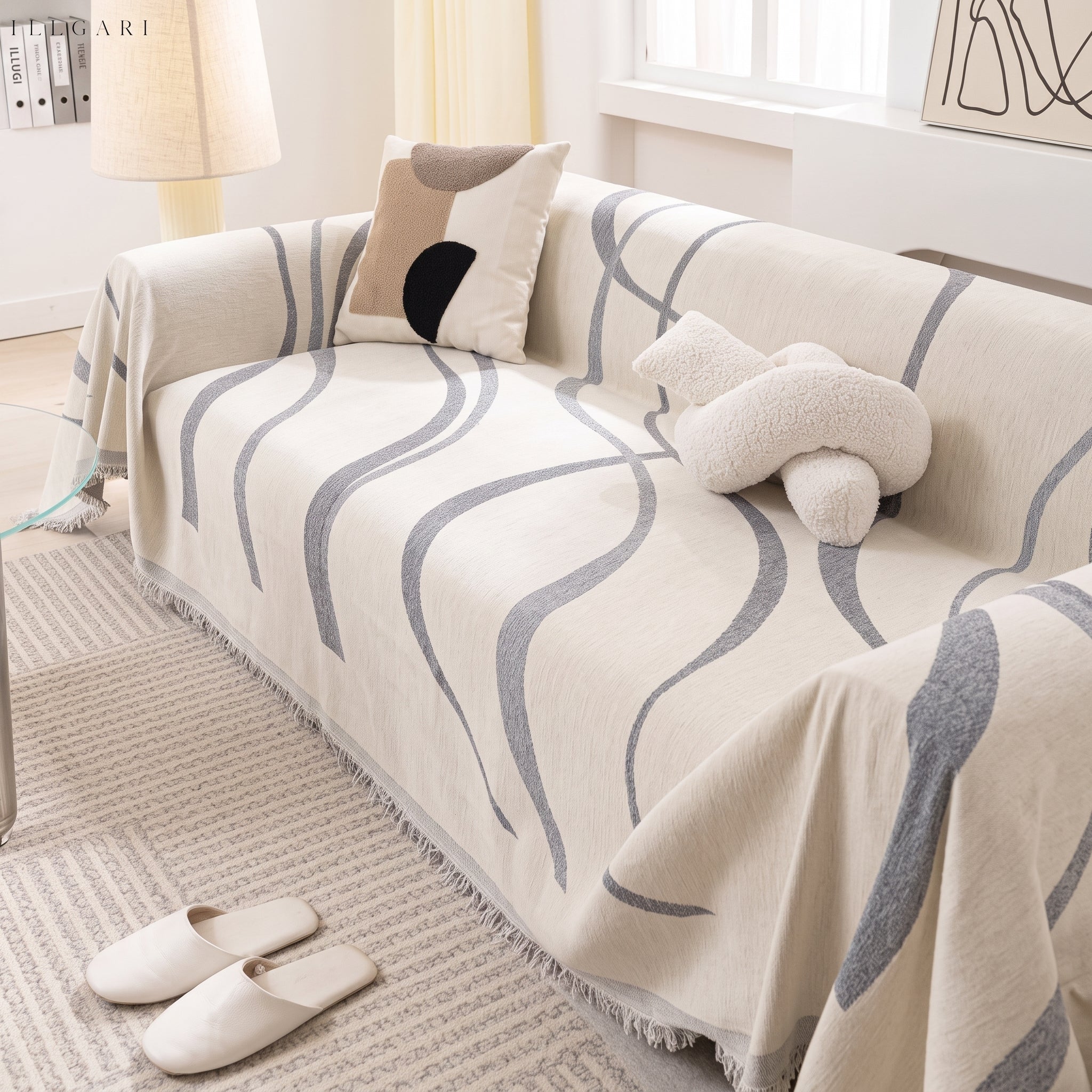 Abstract Wave Stripe Fringe Sofa Throw - Sofa Cover - Grey - Oaksoho