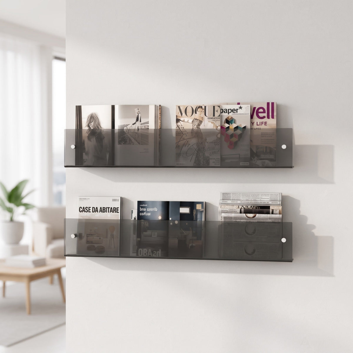 Acrylic Wall Mounted Magazine Rack for Books and Magazines - Floating Wall Shelves & Ledges - Dark Grey - Oak Soho