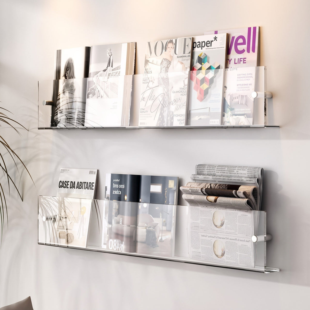 Acrylic Wall Mounted Magazine Rack for Books and Magazines - Floating Wall Shelves & Ledges - Transparent - Oak Soho