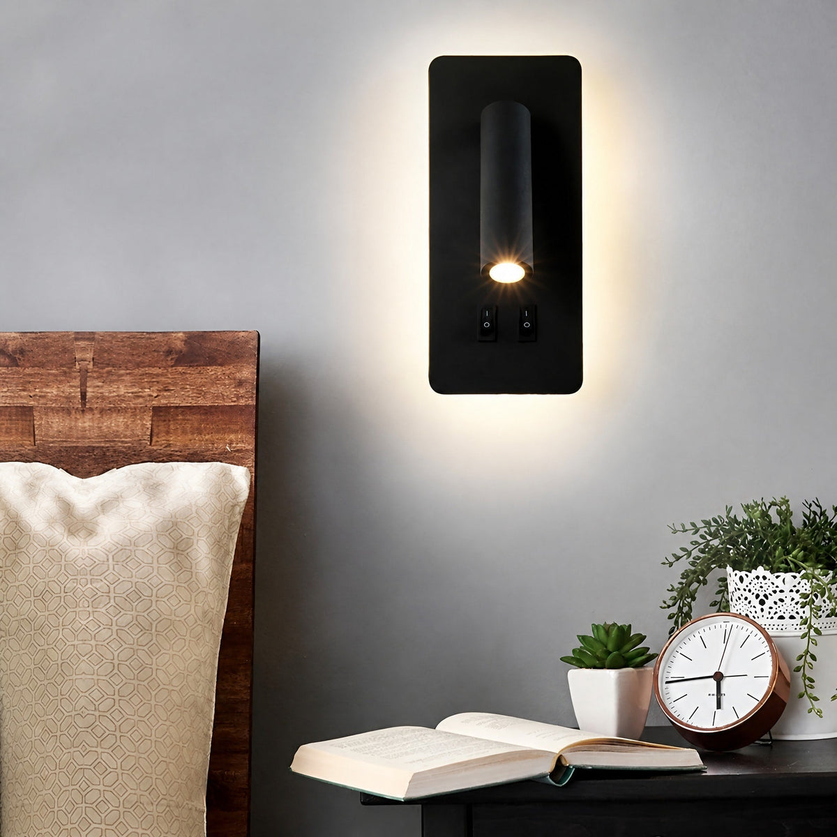 Adjustable Cylinder Wall Light with Built-in Reading Spotlight - Wall Light Fixtures - Black - Oaksoho