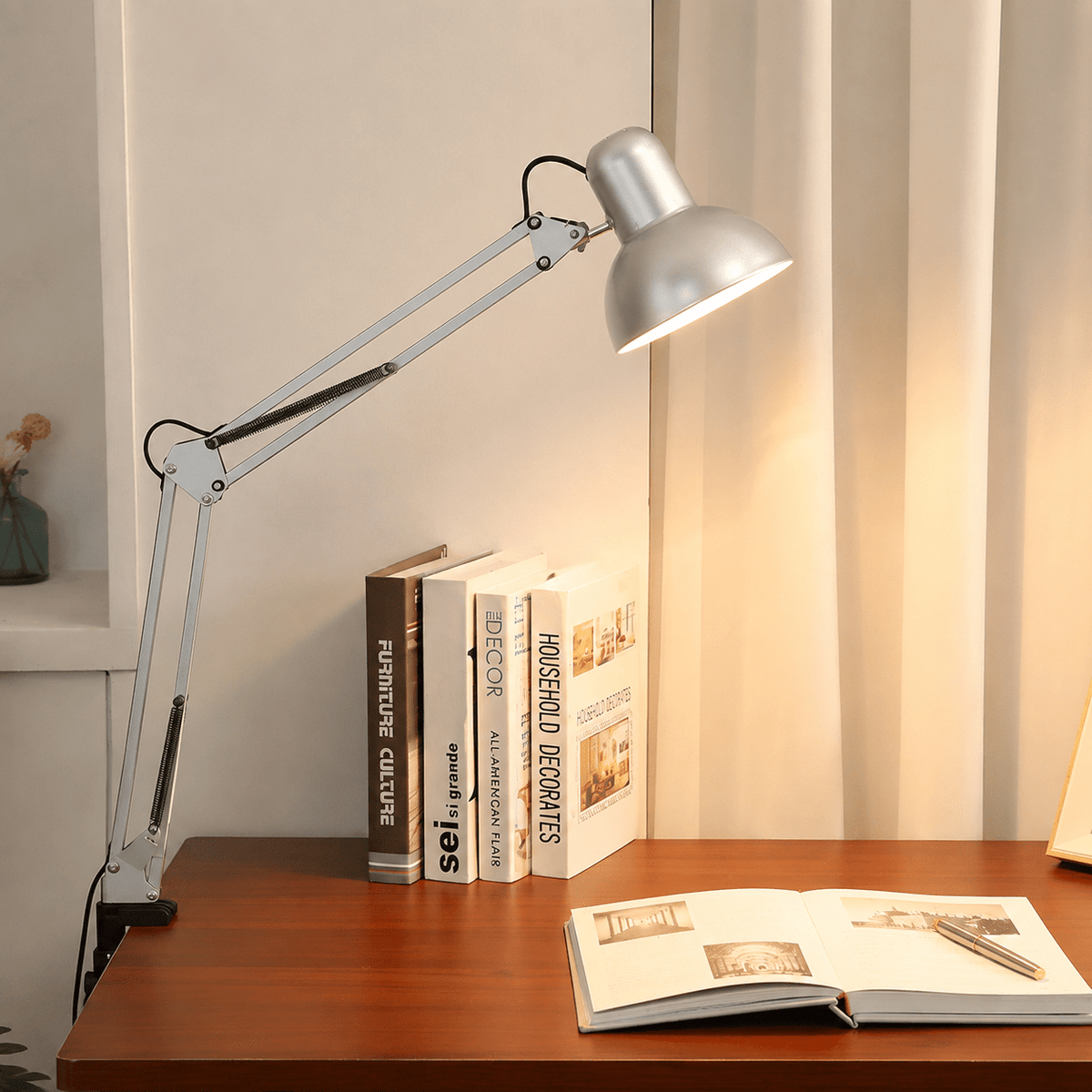 Adjustable Swing Arm Clip Table Bedside Lamp - Table Lamps - Silver - Oaksoho