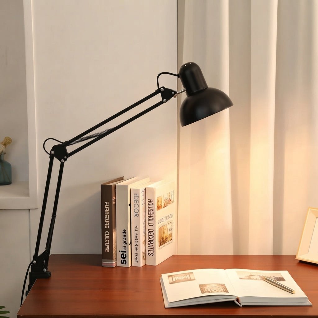 Adjustable Swing Arm Clip Table Bedside Lamp - Table Lamps - Black - Oaksoho