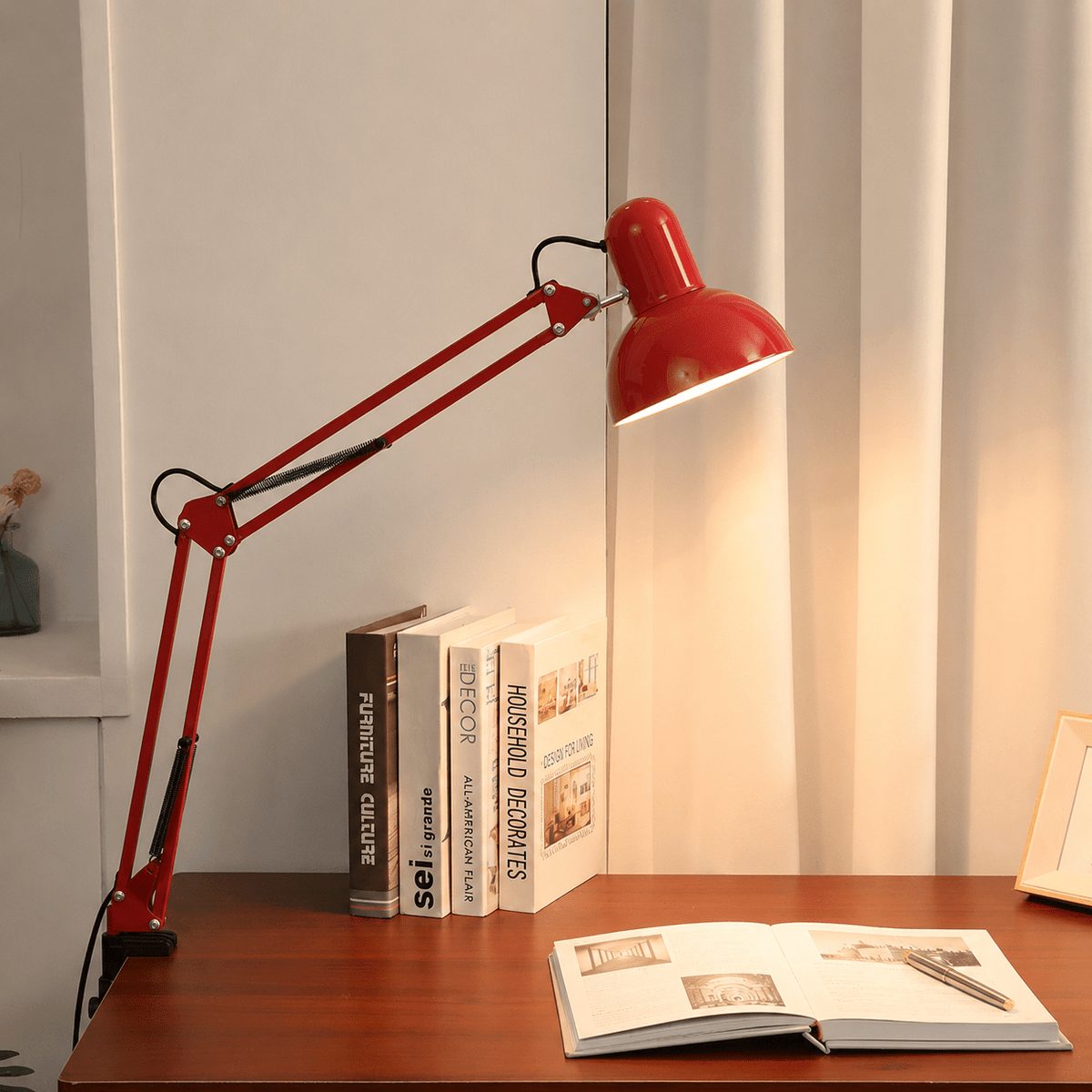 Adjustable Swing Arm Clip Table Bedside Lamp - Table Lamps - Red - Oaksoho