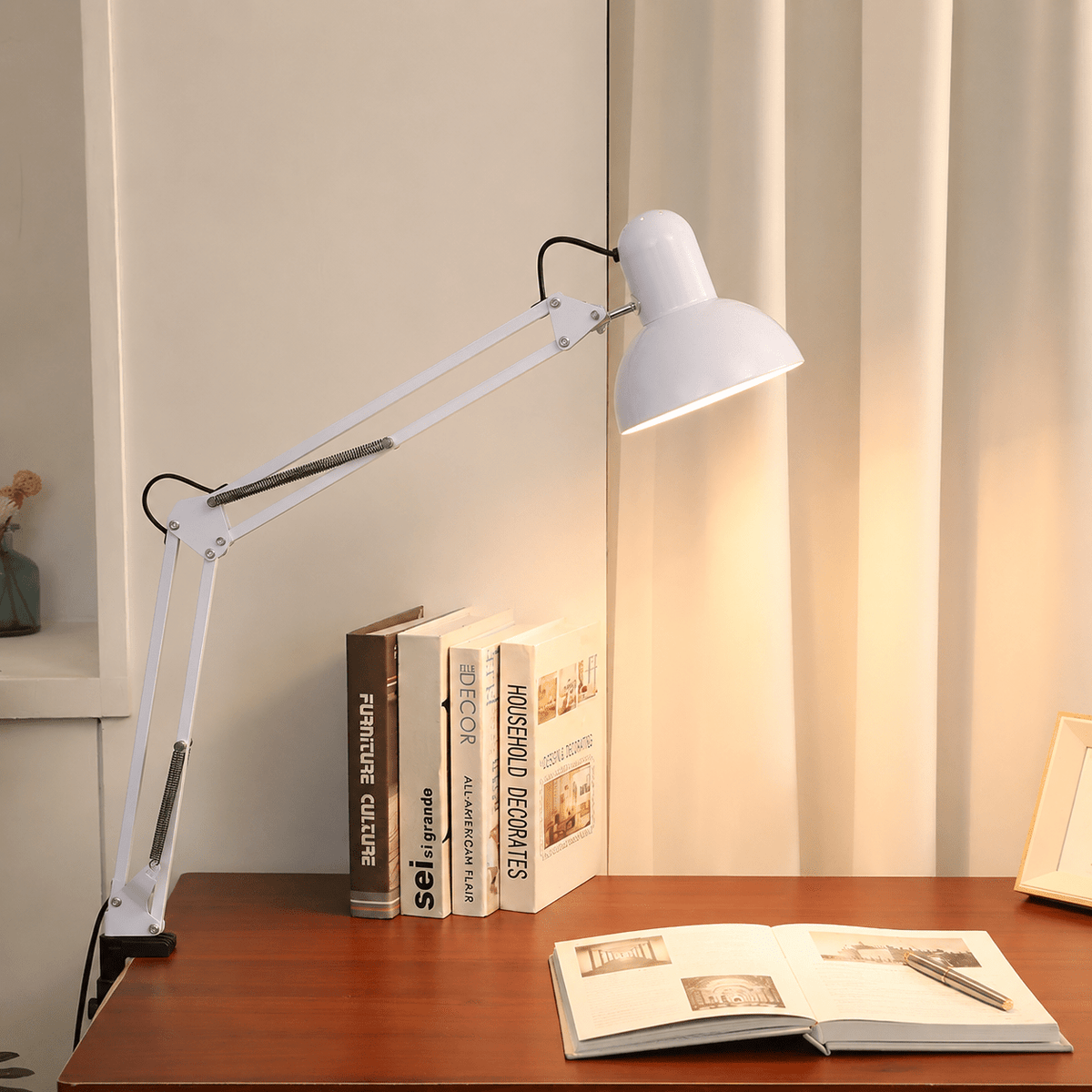 Adjustable Swing Arm Clip Table Bedside Lamp - Table Lamps - White - Oaksoho