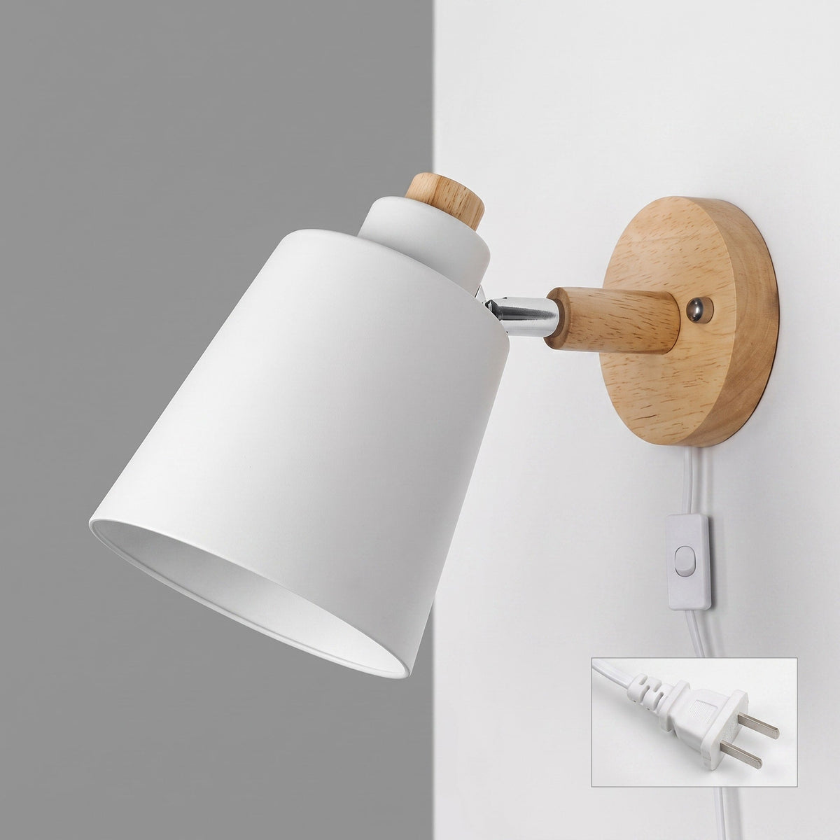 Adjustable Wooden Wall Light with Rotating Metal Shade - Wall Light Fixtures - Black - Oaksoho