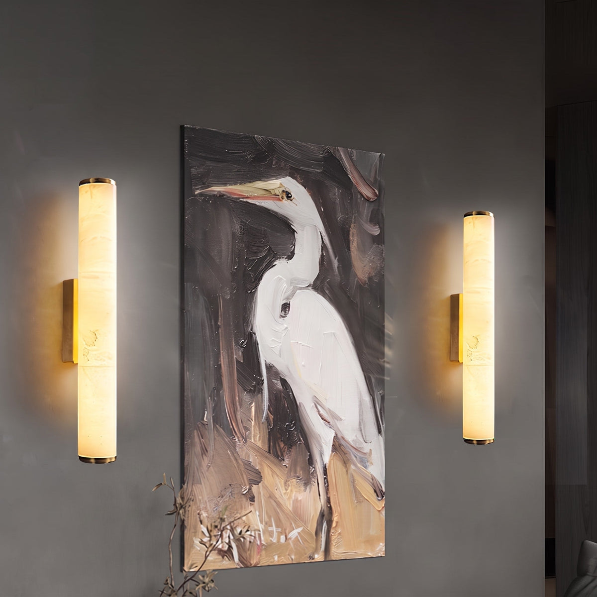 Alabaster Effect Cylinder Wall Sconce with Metal Base - Wall Light Fixtures - Gold - Oak Soho
