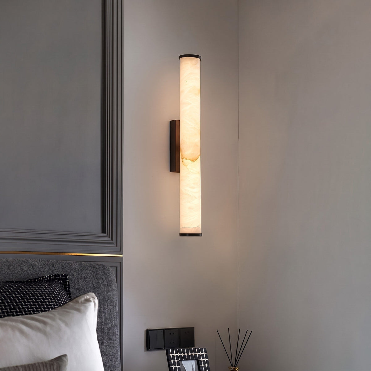 Alabaster Effect Cylinder Wall Sconce with Metal Base - Wall Light Fixtures - Black - Oak Soho