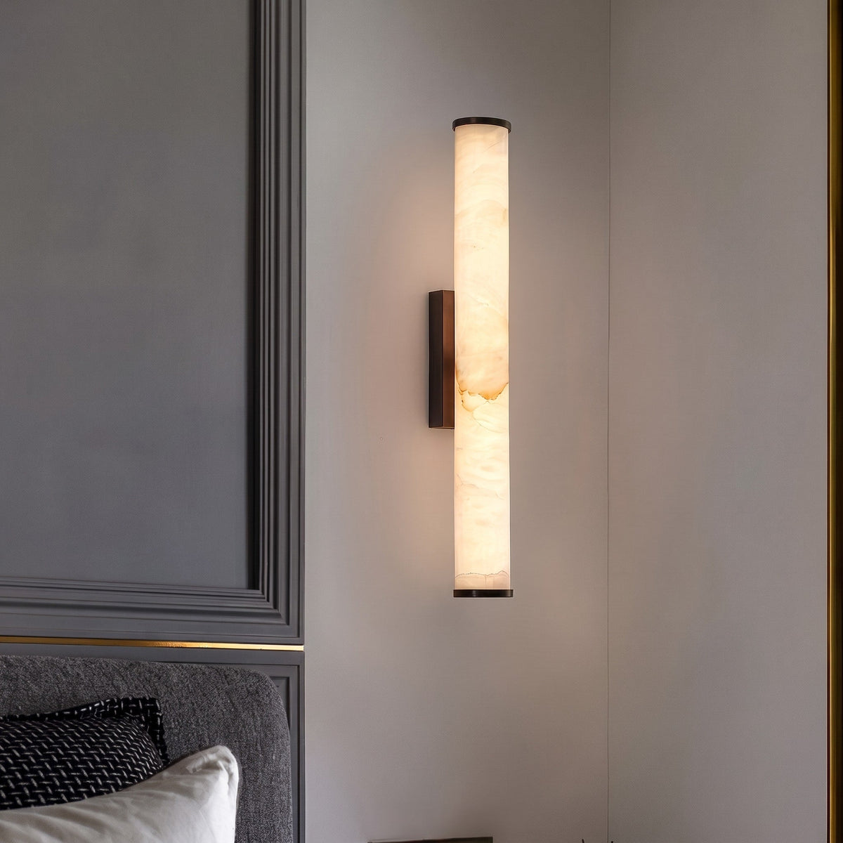 Alabaster Effect Cylinder Wall Sconce with Metal Base - Wall Light Fixtures - Black - Oak Soho
