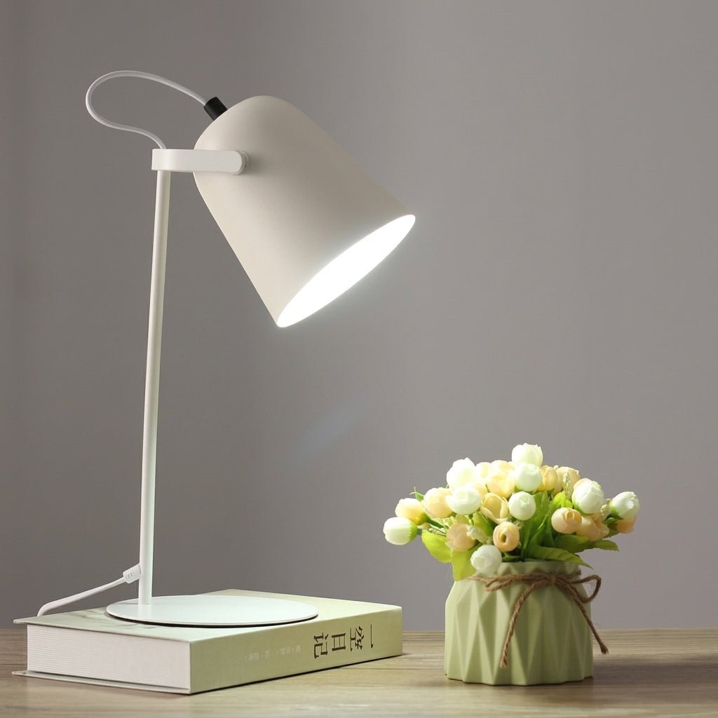 Angled Metal Table Bedside Lamp with Adjustable Shade - Desk Lamps - White - Oaksoho
