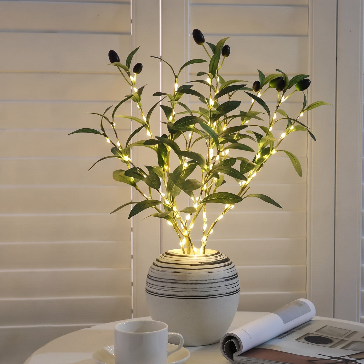 Artificial Olive Branch LED Light in Ceramic Pot - Artificial Non-Flowering Plants - Oaksoho