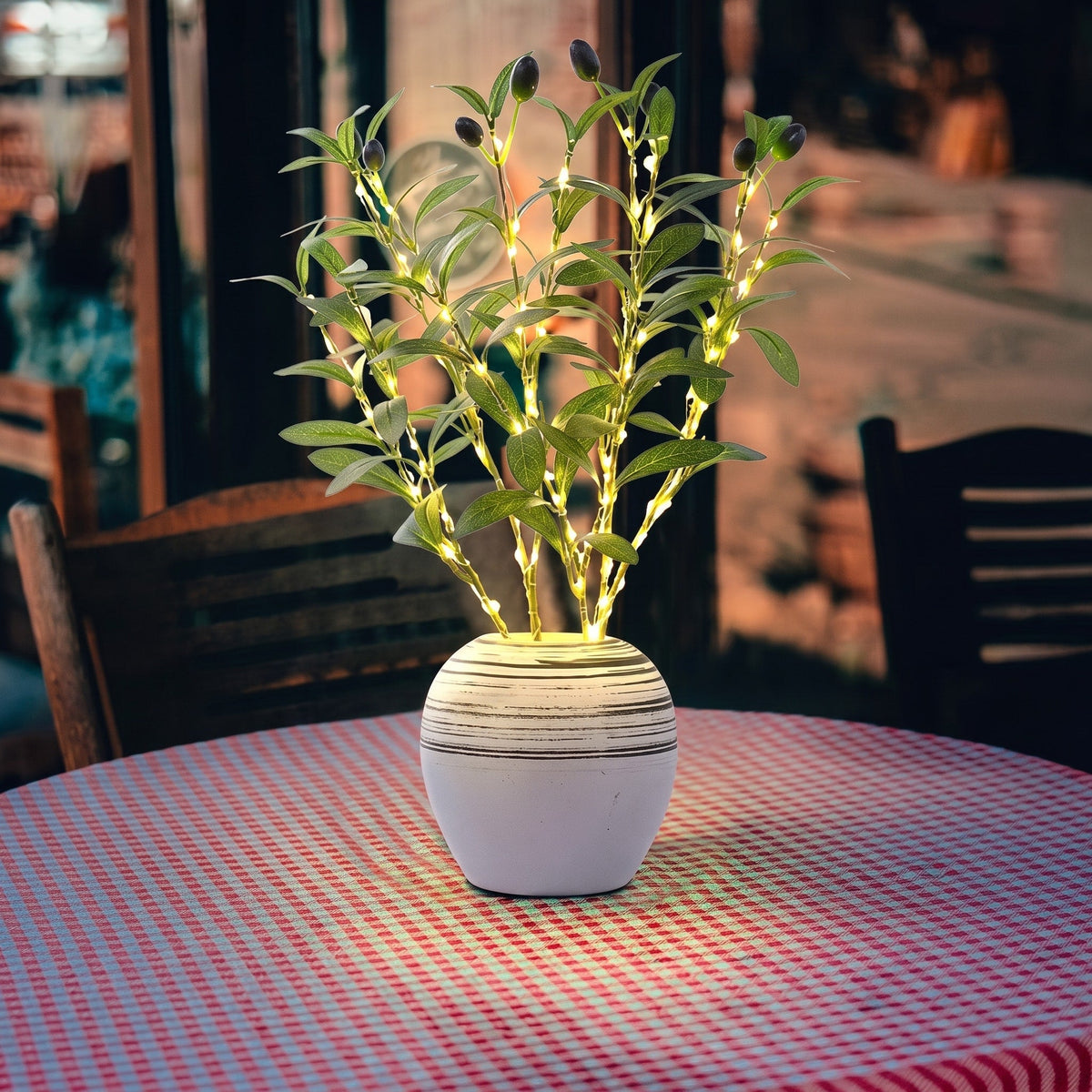 Artificial Olive Branch LED Light in Ceramic Pot - Artificial Non-Flowering Plants - Oaksoho