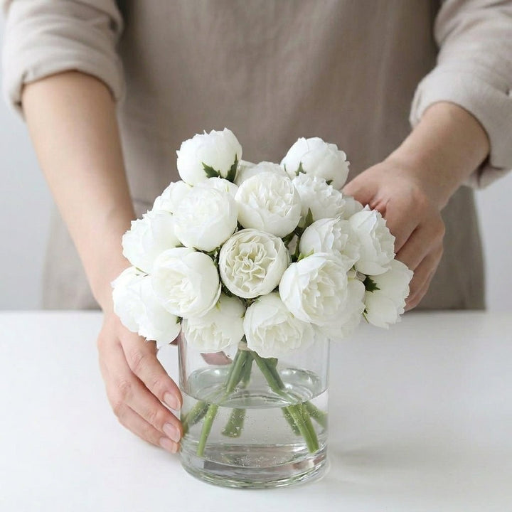 Artificial Peony Bouquet with Realistic Blooms - Artificial Plants - White - Oaksoho