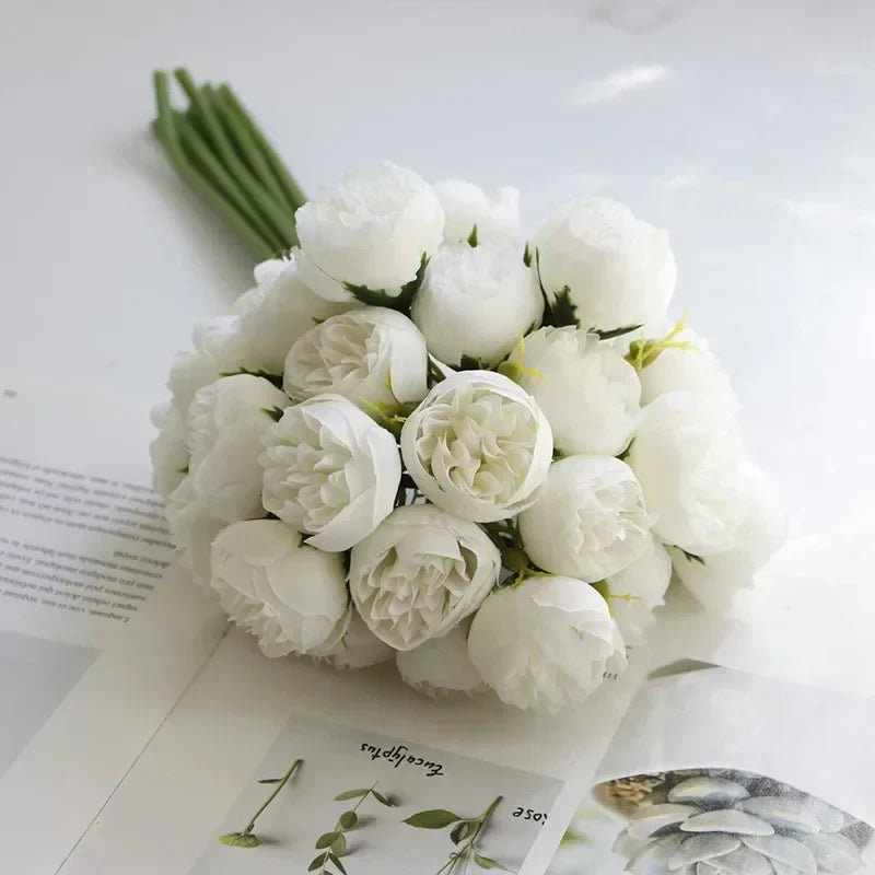 Artificial Peony Bouquet with Realistic Blooms - Artificial Plants - White - Oaksoho