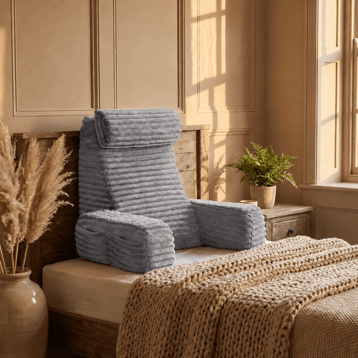 Back Cushion with Armrests - Backrest Pillows - Grey - Oaksoho