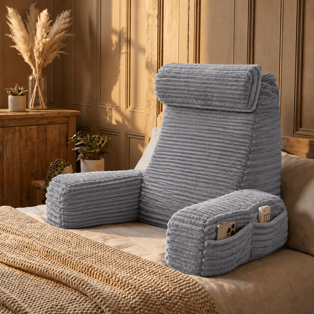 Back Cushion with Armrests - Backrest Pillows - Grey - Oaksoho