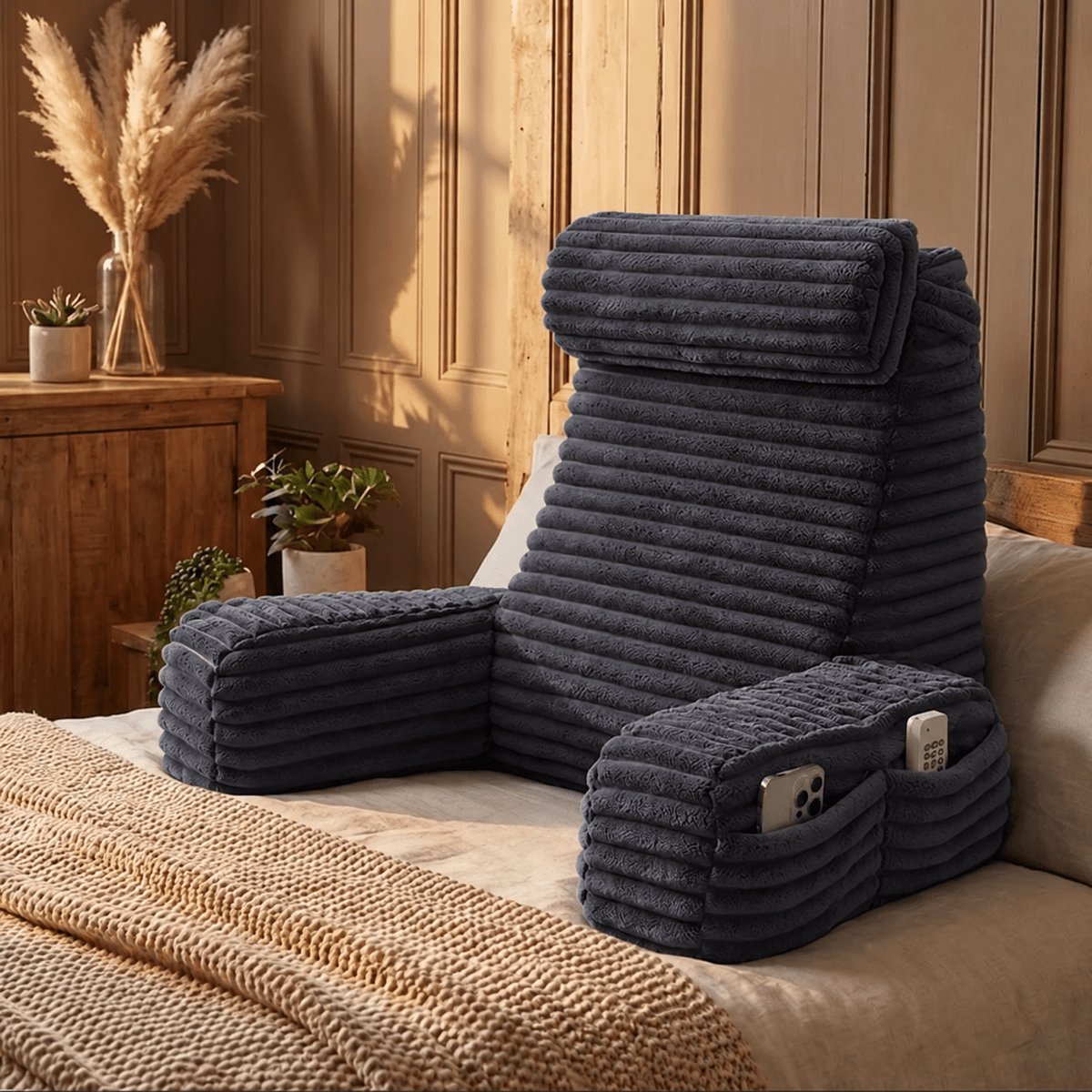 Back Cushion with Armrests - Backrest Pillows - Dark Grey - Oaksoho