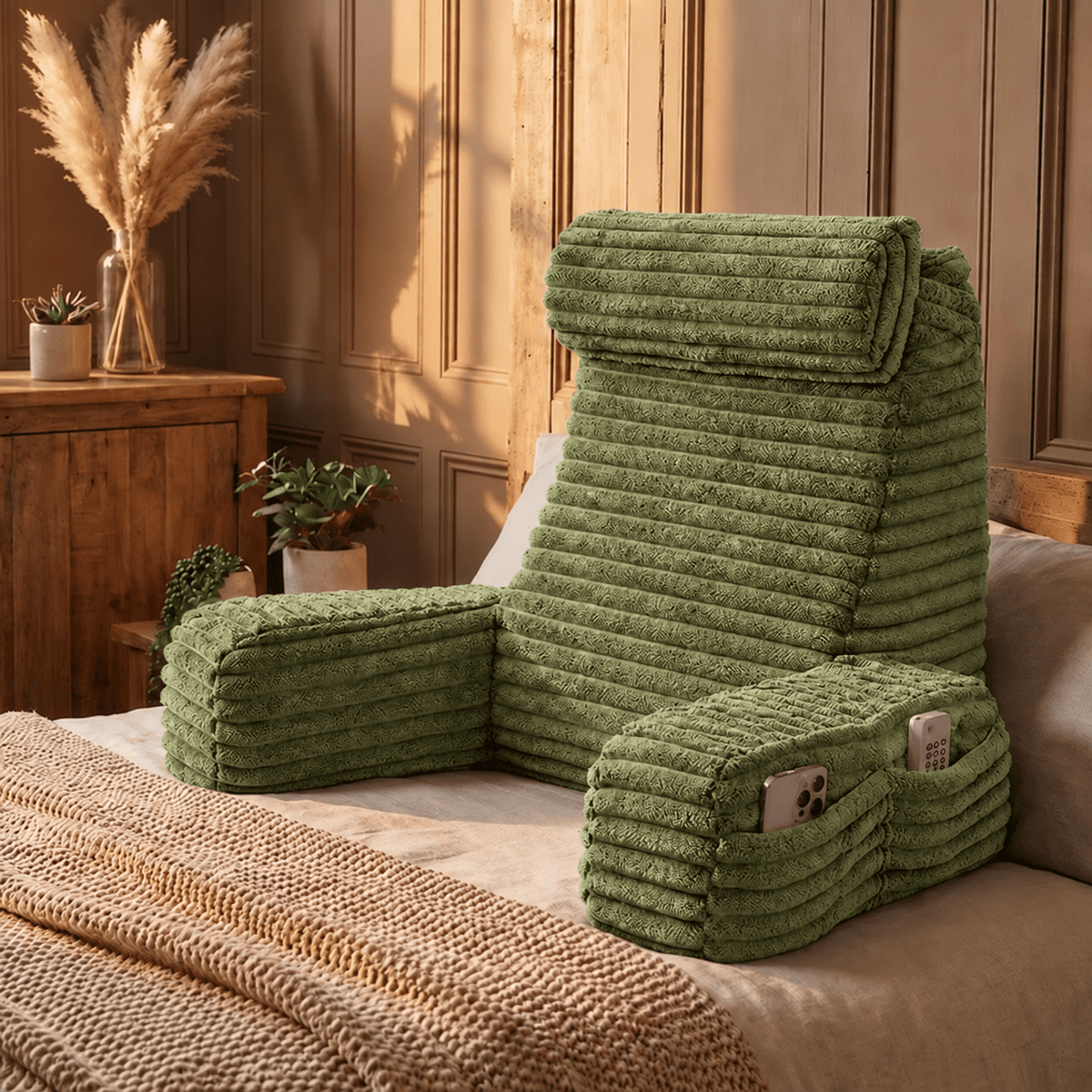 Back Cushion with Armrests - Backrest Pillows - Green - Oaksoho
