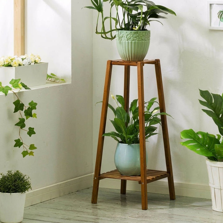 Bamboo Plant Shelf Multi - Tiered with Slatted Shelves - Plant Stand - 2 Tiers - Oaksoho
