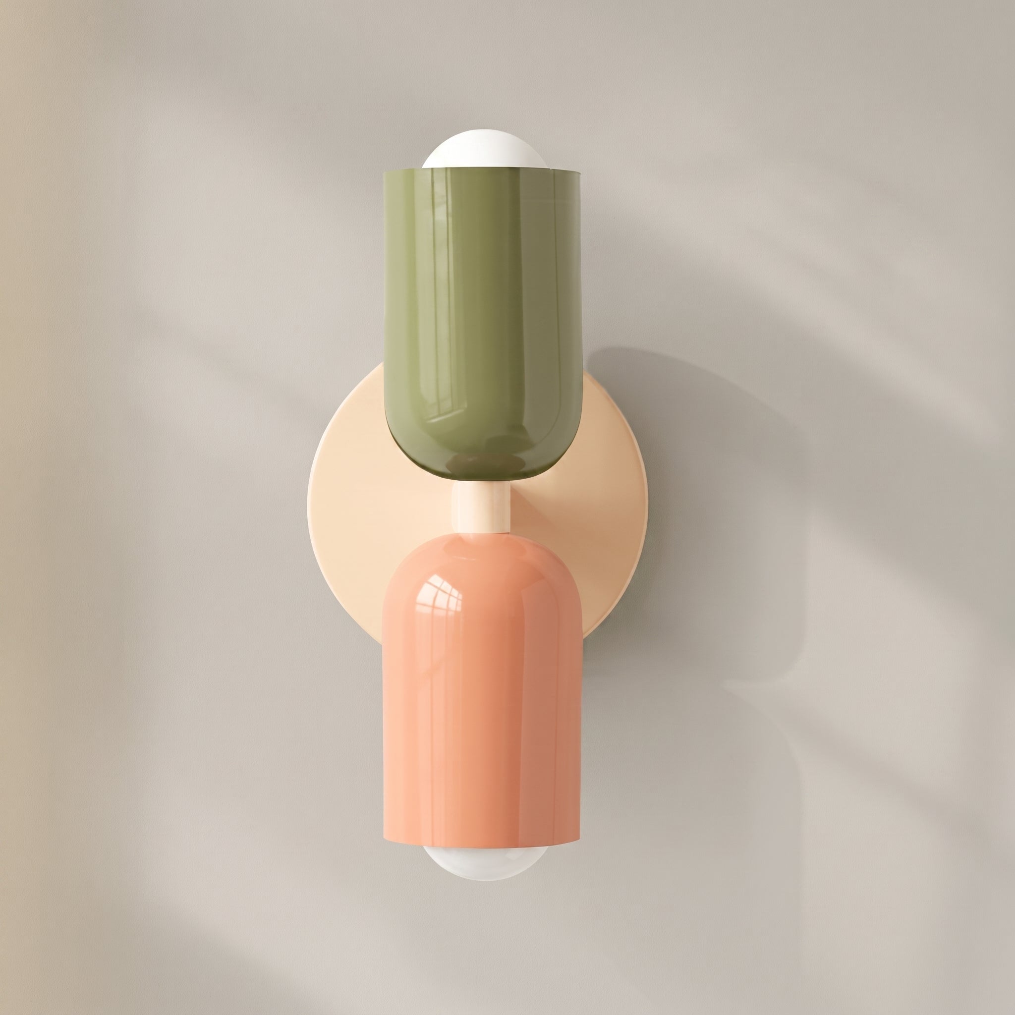 Bauhaus Double Cylinder Wall Light with Round Back Plate - Wall Light Fixtures - Green/Salmon - Oaksoho