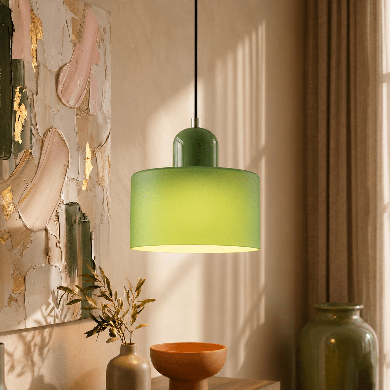 Bauhaus Pendant Light with Modern Cylindrical Shade Design - Pendant Light - Matt Green - Oaksoho