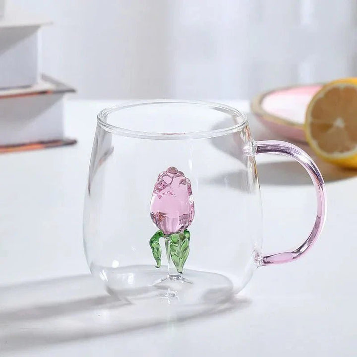 Borosilicate Glass Mug with 3D Animal Motif for Coffee and Tea - Mug - Flower - Oaksoho