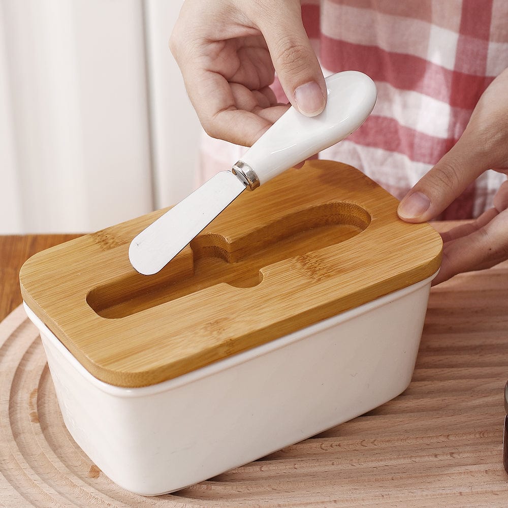 Butter Dish with Wooden Lid and Knife - Butter Dish - Oaksoho