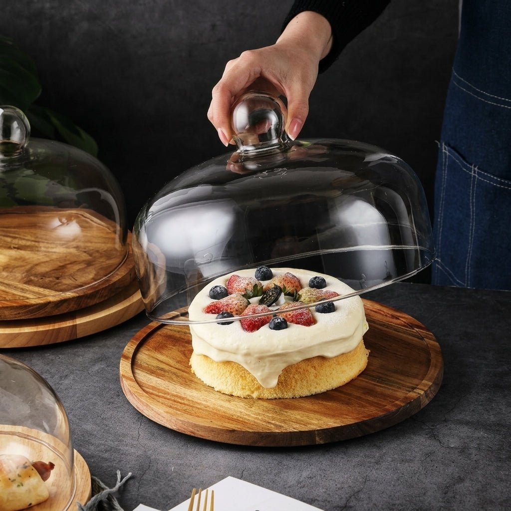Cake Stand with Glass Dome for Sweets and Desserts - Glass Dome - Brown - Oaksoho
