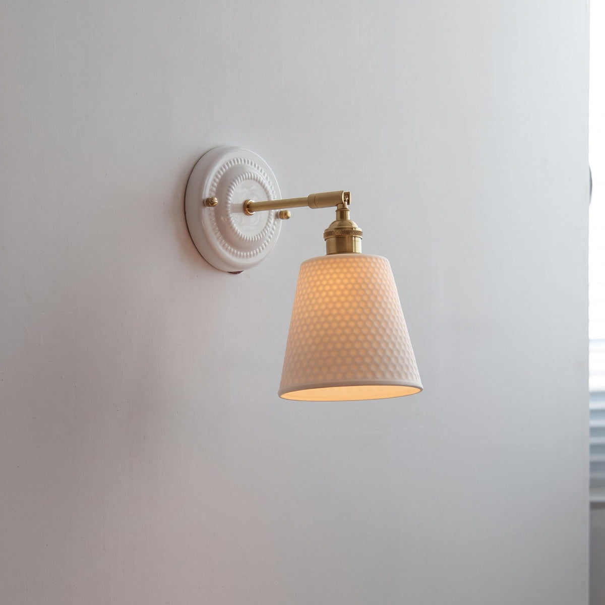 Ceramic Wall Lights with Fluted Cone Shade and Brass Arm - Wall Light Fixtures - Scallop - Oak Soho
