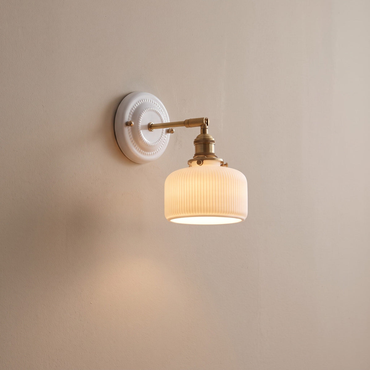 Ceramic Wall Lights with Fluted Cone Shade and Brass Arm - Wall Light Fixtures - Drum - Oak Soho