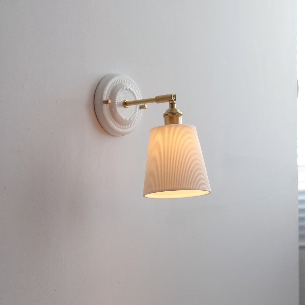 Ceramic Wall Lights with Fluted Cone Shade and Brass Arm - Wall Light Fixtures - Honeycomb - Oak Soho