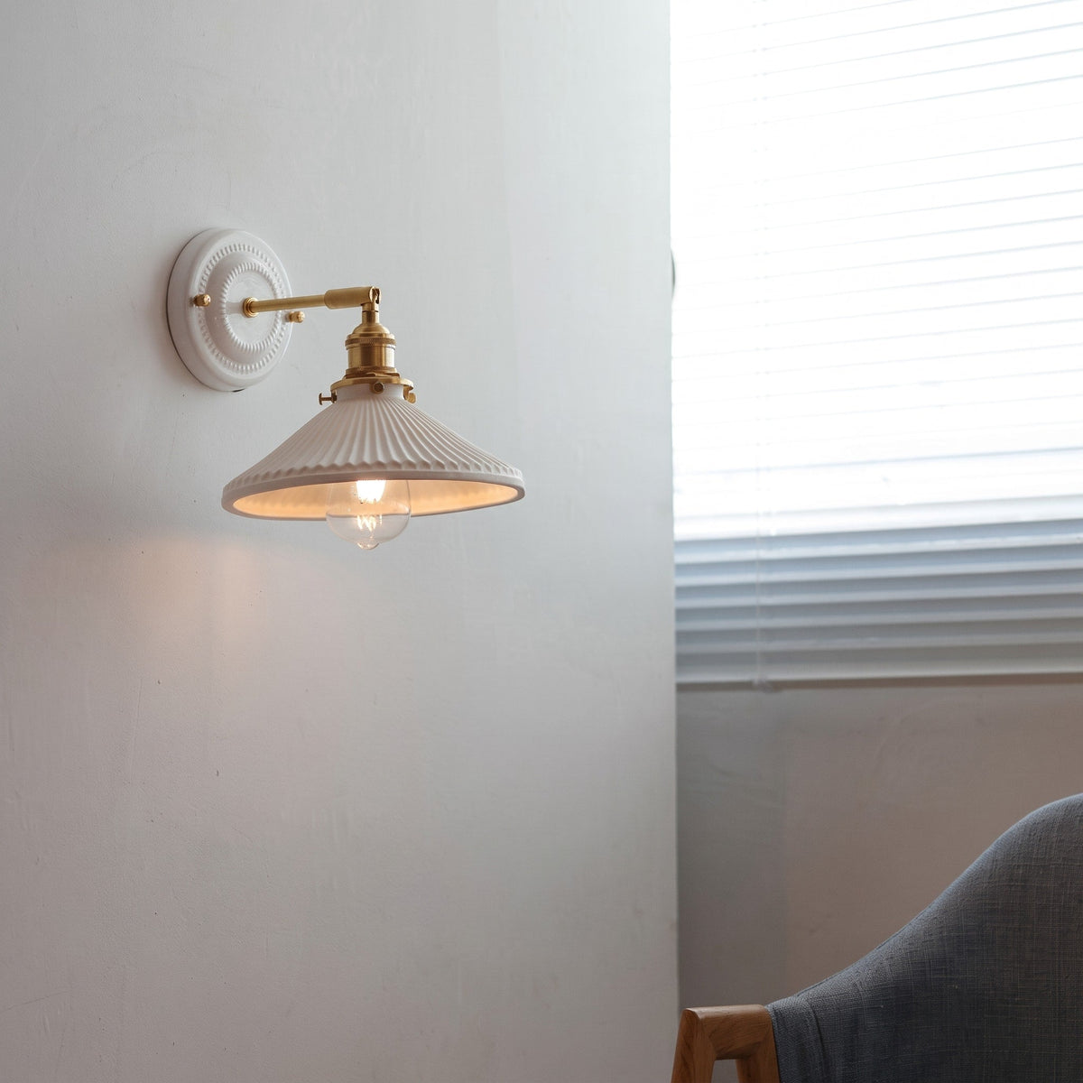 Ceramic Wall Lights with Fluted Cone Shade and Brass Arm - Wall Light Fixtures - Hat - Oak Soho