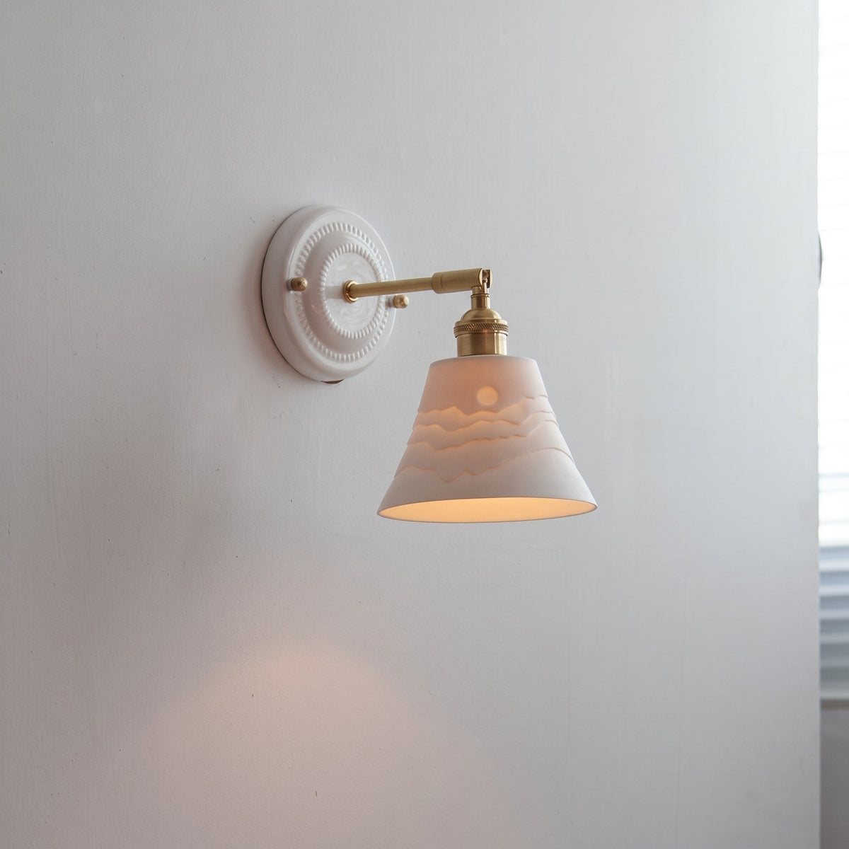 Ceramic Wall Lights with Fluted Cone Shade and Brass Arm - Wall Light Fixtures - Mountain - Oak Soho