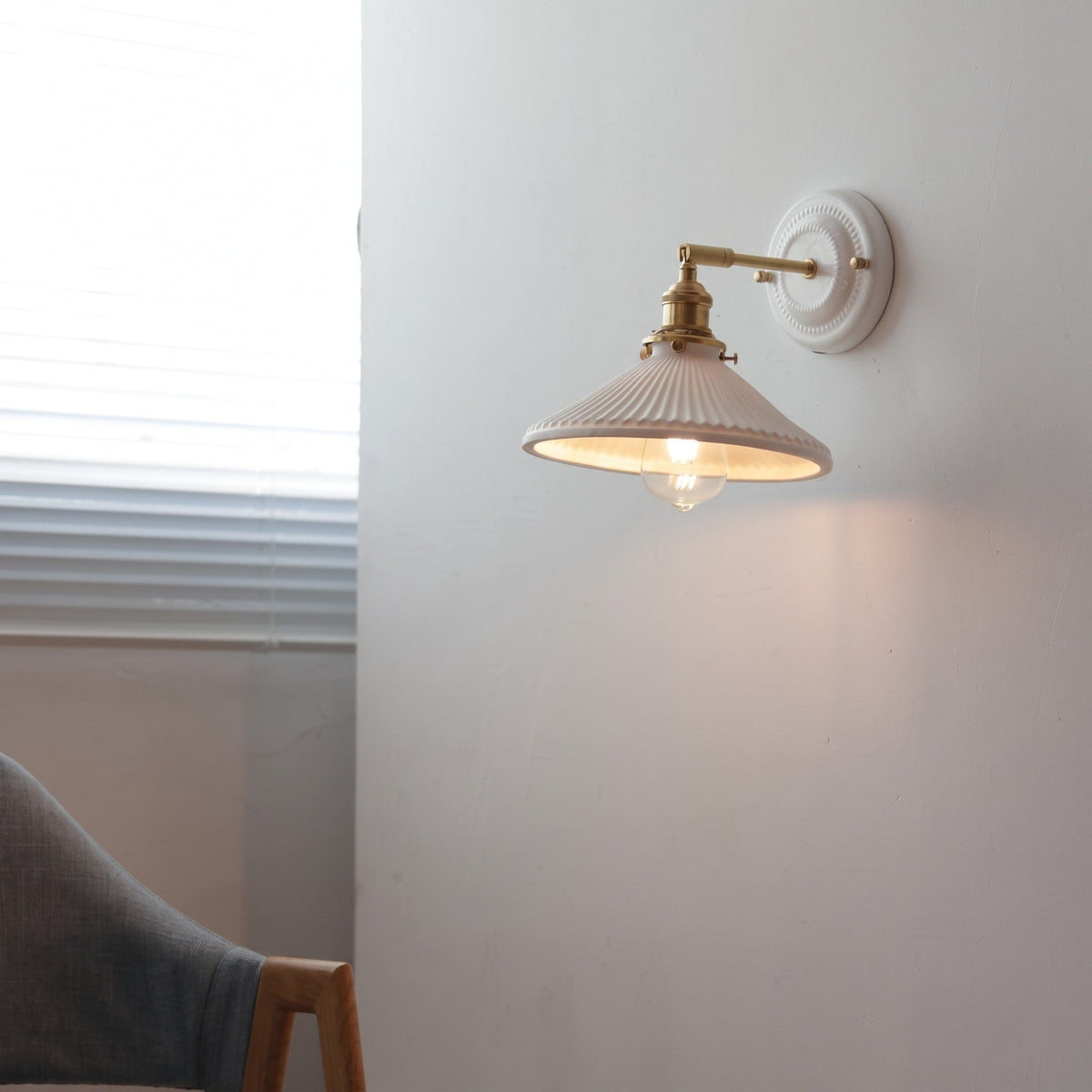 Ceramic Wall Lights with Fluted Cone Shade and Brass Arm - Wall Light Fixtures - Hat - Oak Soho
