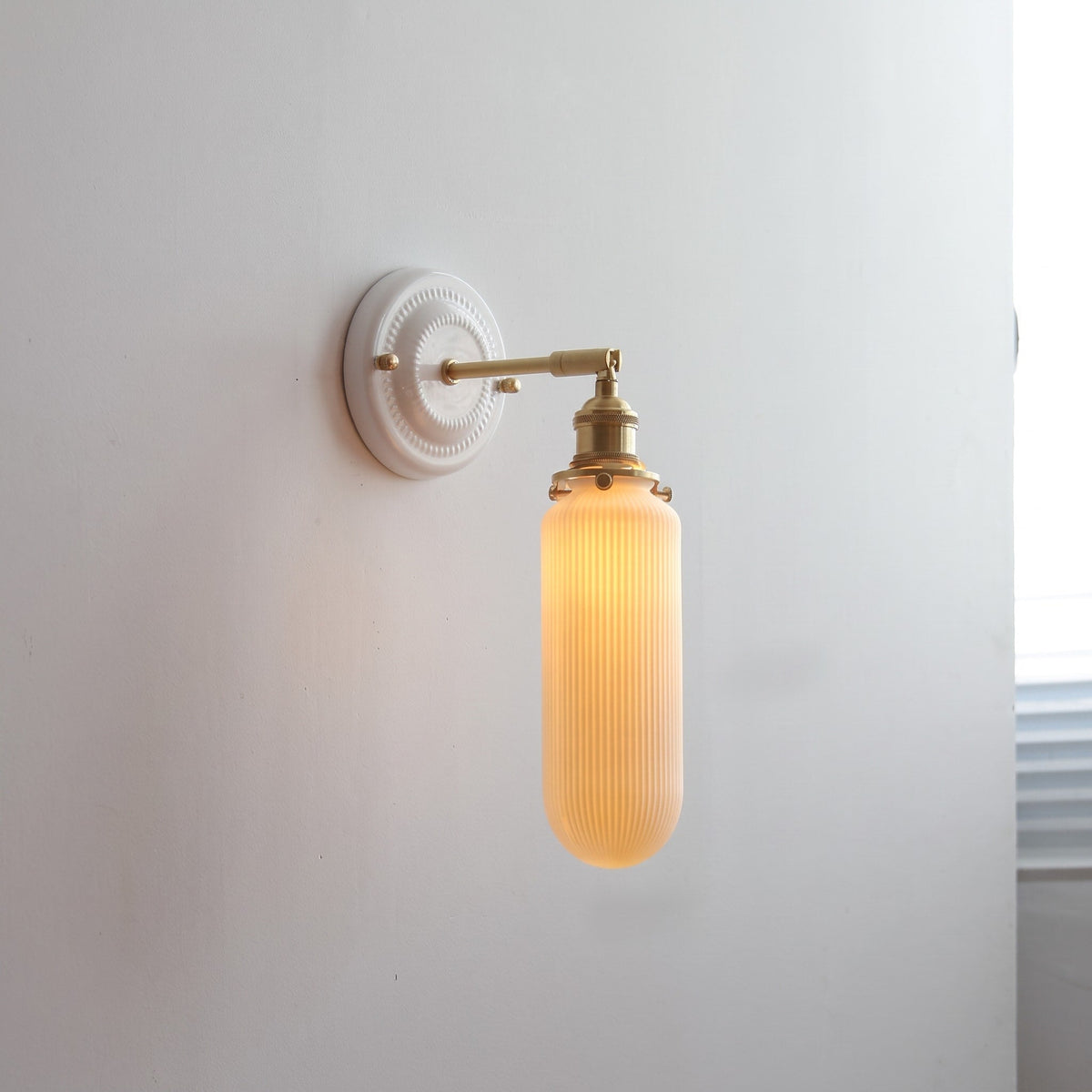 Ceramic Wall Lights with Fluted Cone Shade and Brass Arm - Wall Light Fixtures - Capsule - Oak Soho